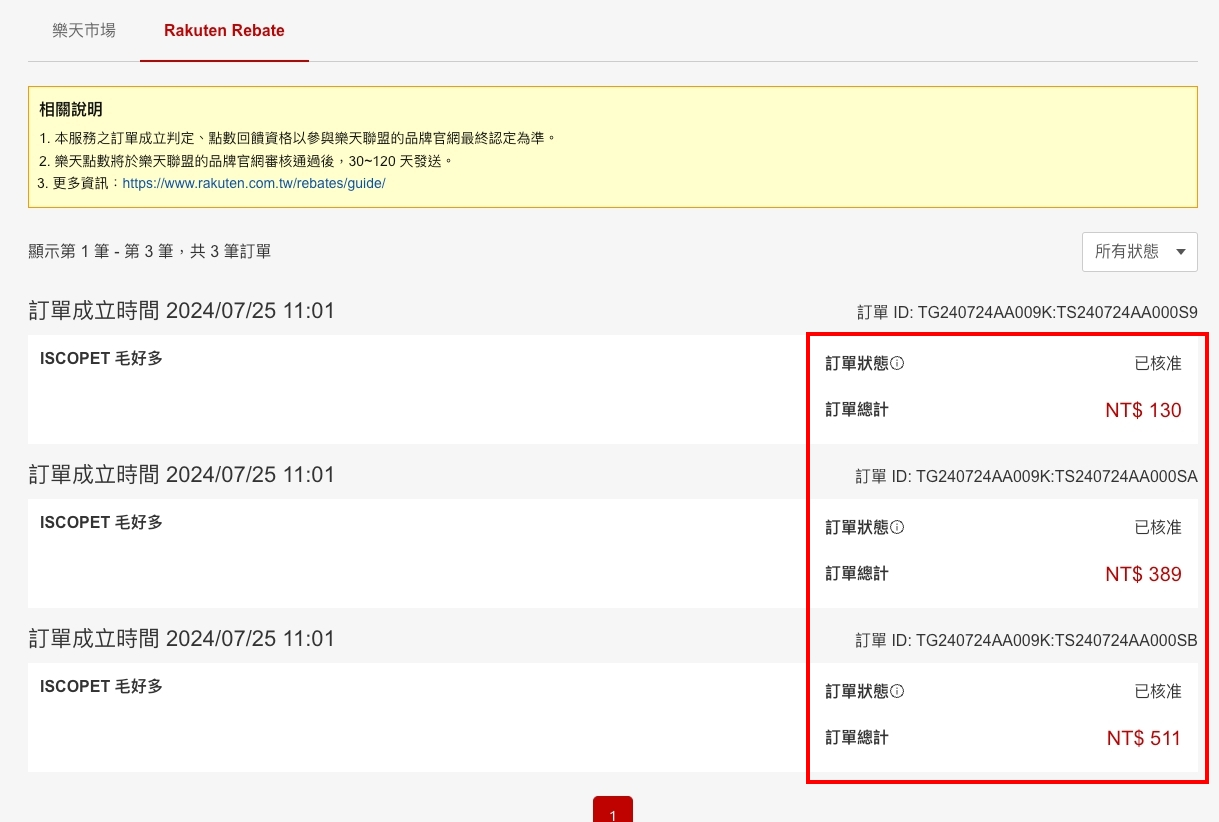 樂天Rebate點數已核准頁面